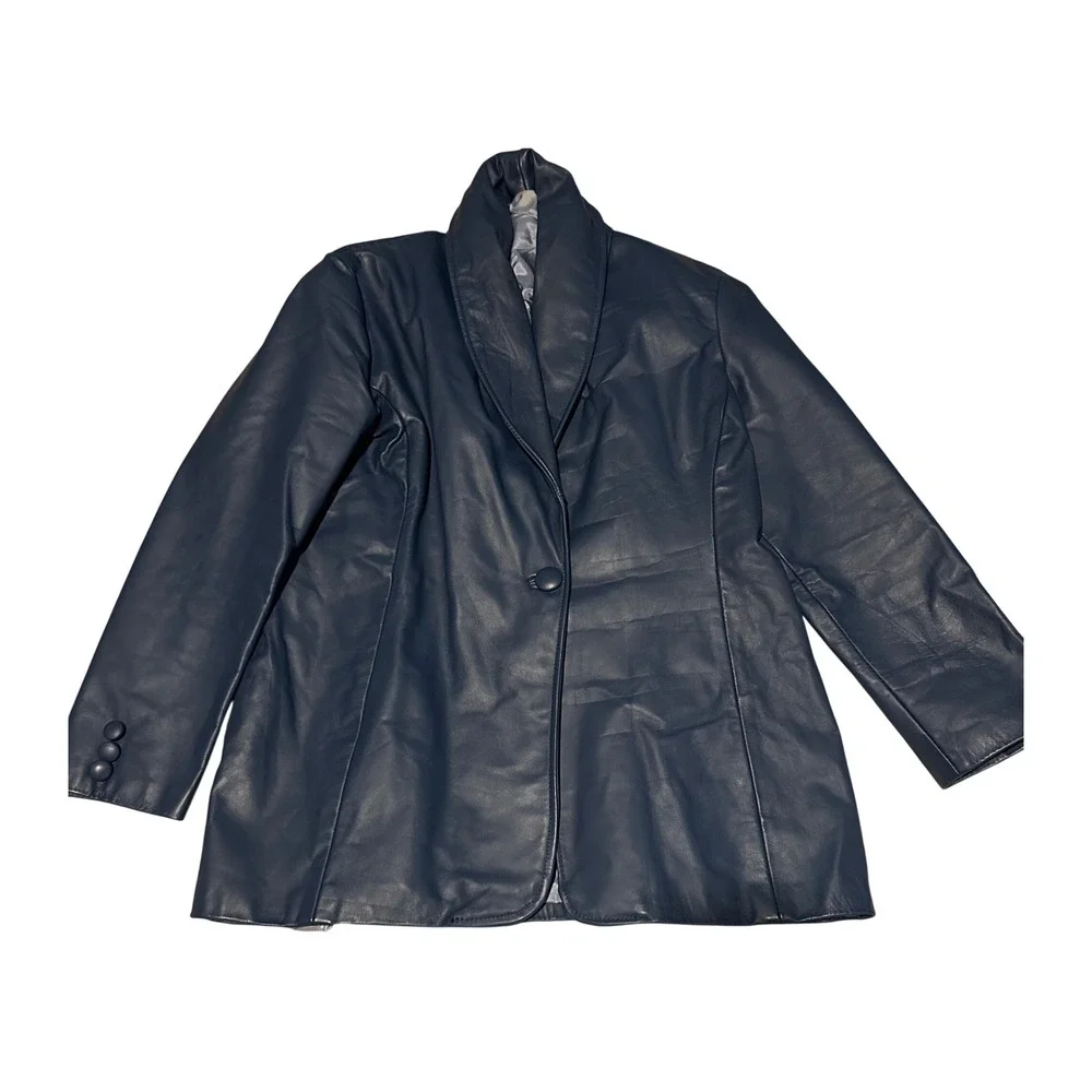 Navy Gray Blue Leather‎ Blazer Jacket and Skirt Set Two Piece Outfit